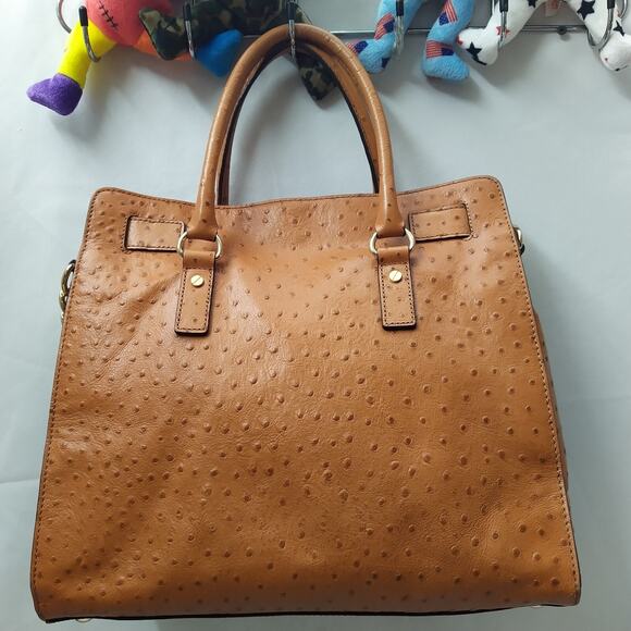 Michael Kors Hamilton Brown Leather Ostridge Embossed Lock Satchel Shoulder Bag - Picture 6 of 16